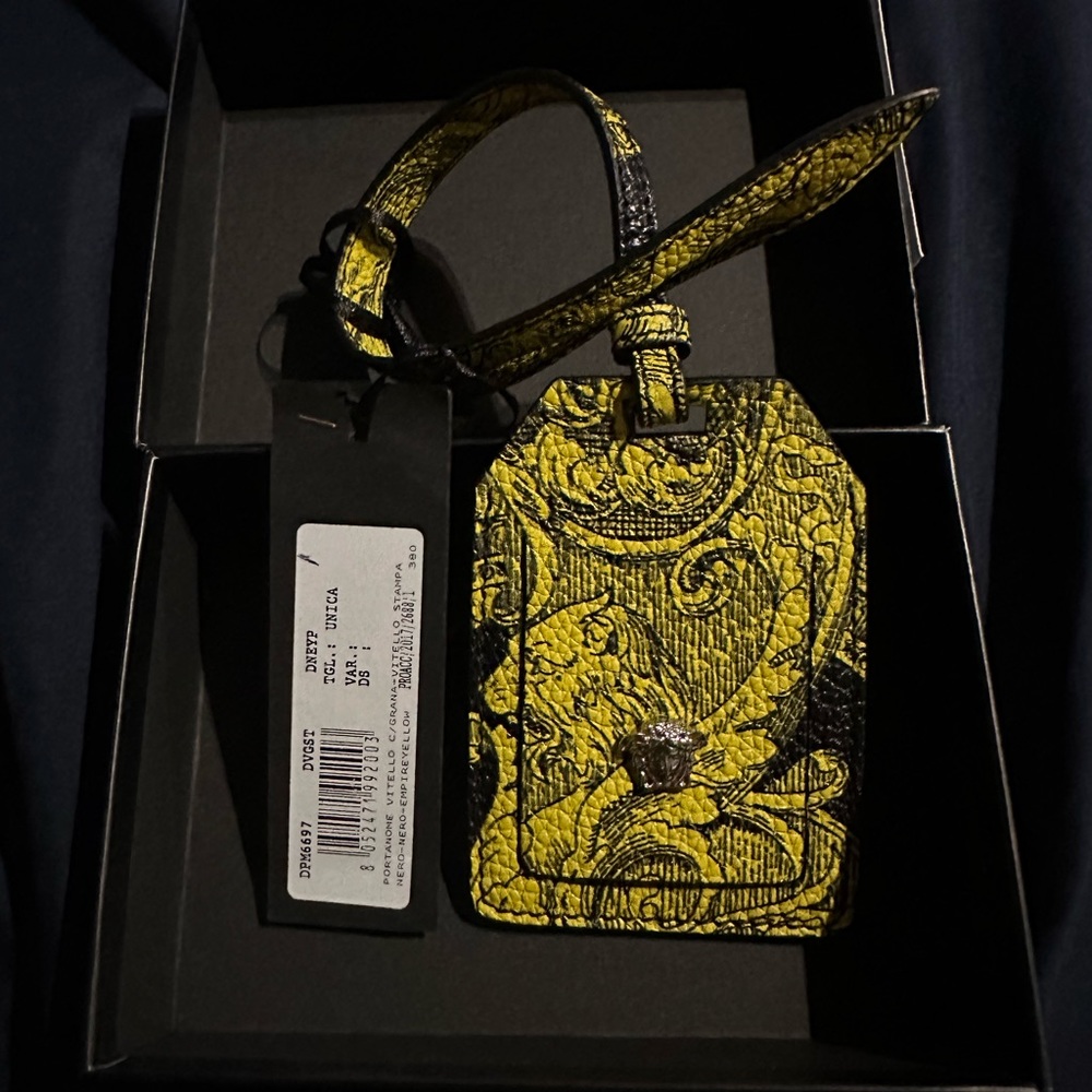 $275 Authentic NWT Versace Leather Luggage Travel Tag Silver Medusa Black Yellow